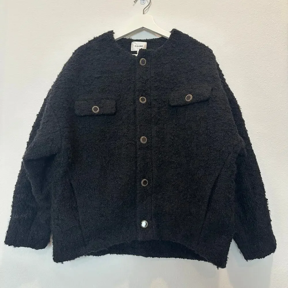 Frame Cocoon virgin wool blend boucle black button jacket medium